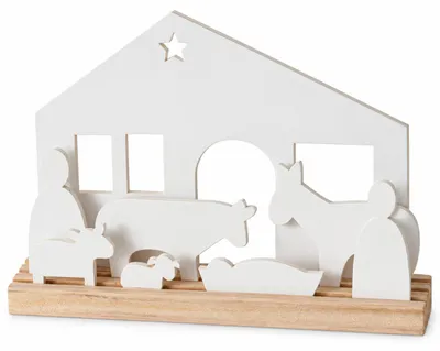 Produktbild von Weihnachtskrippe aus Holz 29,5x5cm Natur Weiß - moderne Steckkrippe