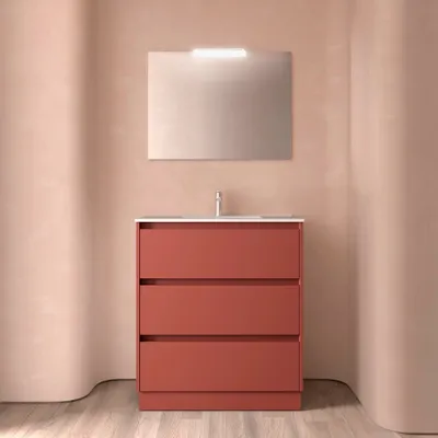 Produktbild von Noja Komplett-Set 800 3 Schubladen RED SATIN + Waschtisch + Spiegel + Leuchte