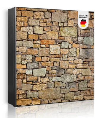 Produktbild von banjado Schlüsselkasten aus Metall, 30x30cm groß mit 32 Haken, als Magnettafel nutzbar, Korpus schwarz, Anschlag links, Bruchsteinmauer [SKG2 12137]