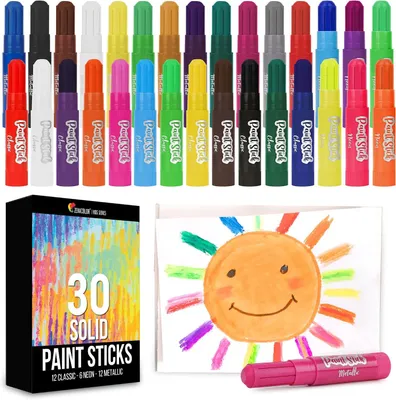 Productafbeelding van Set van 30 Stevige plakkaatverf sticks voor kinderen - Kids Art Kit voor kinderen verf papier, Kids glas, karton, pot, enz.