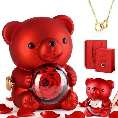Produktbild von Damen Halskette Rosenbär mit Herz, Konservierte Rose, Geschenkbox