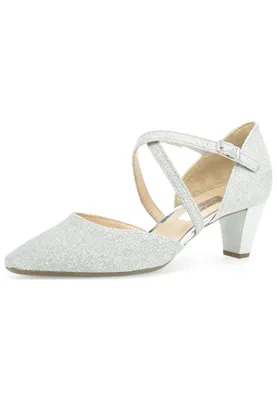 A single silver shoe on a white background.