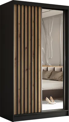 Produktbild von Masseno Schiebetürenschrank LAMELLO 120 cm Kleiderschrank mit 2 Schubladen Schlafzimmer Schrank 2-türig mit Spiegel und Lamellen Schwarz