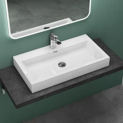 Produktbild von Mai&Mai Mineralguss-Waschbecken, weiß, eckig, 1 Armaturenloch, als Aufsatz-Waschschale oder Hängebecken, BTH: 76,5x42x13cm, DIN-genormter Abfluss, Col06-765