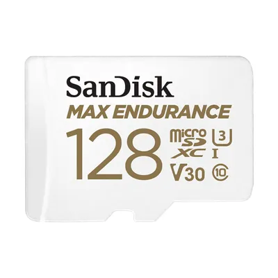 A white SanDisk Max Endurance microSDXC memory card with gold lettering.