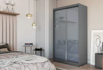 Produktbild von AGMAT Schwebetürenschrank Viva, Kleiderschrank mit 2 Türen und Spiegel, Moderne Garderobe in Farbe: Graphit, Schrank in Größe: 150 x 216 x 61 cm