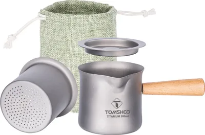 Obrázek produktu pro TOMSHOO titanový hrnek na čaj se sítkem na čaj, outdoorové kempování, titanový hrnek na čaj s dřevěnou boční rukojetí