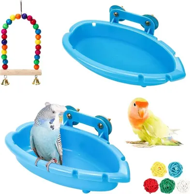 Produktbild von Vogelbadewanne für Käfig 2er-Pack Wellensittich Badewanne Vogeldusche Vogelkäfig-Badezubehör mit Wellensittichschaukel, Rattanbällen