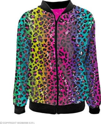 A studio shot of a colorful bomber jacket with a leopard print pattern.