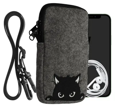 Produktbild von kwmobile Handytasche für Smartphones L - 6,5" - Filz Handy Hülle Grau Schwarz - Handy Tasche mit Kette 16,5 x 8,9 cm Innenmaße - Neugierige Katze