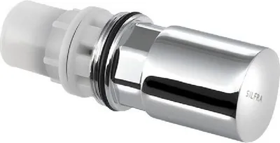 A close-up studio shot of a chrome and white self-closing valve.