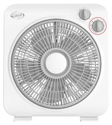 A white box fan with gray controls and fan blades is shown from the front.