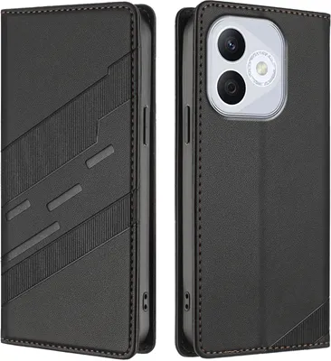 A black leather flip case for a smartphone is shown from two angles.