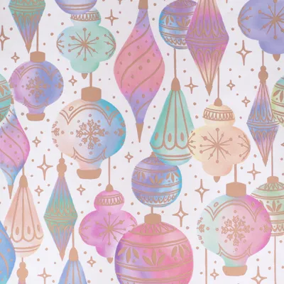 Produktbild von Geschenkpapier Christbaumkugeln 70cm x 2m Rolle Weiß / Bunt pastell