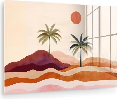 Produktbild von MuchoWow Glasbilder - Bilder auf Wandbild - Foto auf Glas Palmen - Abstrakt - Sonne - Hügel 120x80 cm Wanddekoration aus Glas - Acrylglasbild - Acrylbilder - Abbildung