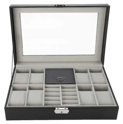 Produktbild von Uhrenbox 8 Fächer Schwarz 30 x 21 x 8 cm mit Glasdeckel
