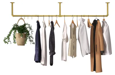 Produktbild von Industrielle Kleiderstange Rohrdesign - Wandmontierter Garderobenständer - Metall Eisen - Platzsparend - Tragkraft 30 kg - Gold