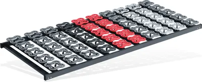 A slatted bed base is shown against a white background.
