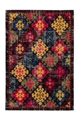 Produktbild von Famanu Teppich Patchwork mit Blumen und Zickzackmuster - Rot, Schwarz, Orange, Türkisblau, 80 x 150 cm