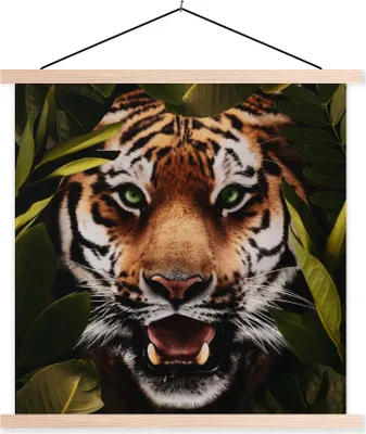 Produktbild von MuchoWow® Textilposter Tiger - Blätter - Tiere 60x60 cm mit holzfarbenen Rahmen - Wanddekoration