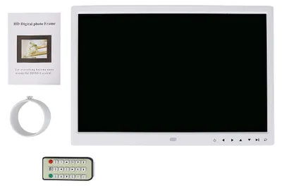 Immagine prodotto di Schermo HD da 15" 1280 × 800, cornice digitale, sveglia e lettore video (bianco)