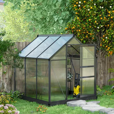 Imagen del producto de Invernadero Sweiko de aluminio, 3,65 m², dimensiones 190x192x201 cm, con base, ventanas en el techo y puerta corredera. Placas de 4 mm, resistentes a los rayos UV