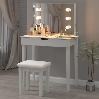 Immagine prodotto di Tavolino da toilette AIORBER, con specchio rimovibile, luci LED luminose, connessione USB, ampio spazio per riporre oggetti, adatto alle camere da letto, 125 x 40 x 80 cm, bianco