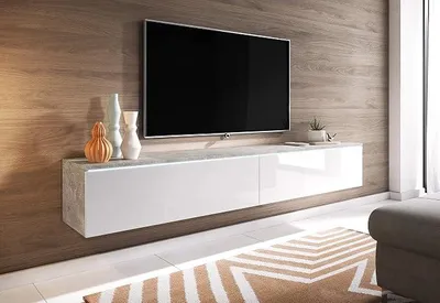 Produktbild von LOWBOARD D TV-Möbel 180 cm, TV-Ständer, Hängeschrank, Weiß, Beton (Beton / Weiß glänzend mit LED-Beleuchtung)