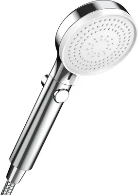 A silver and white hand-held shower head is shown against a white background.