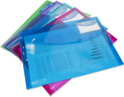 Produktbild von Rapesco Dokumenttasche - für A4 Plus - Kapazität: 50 Blätter - farbig sortiert (Packung mit 5)