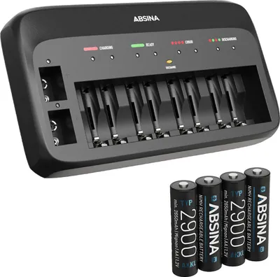 Produktbild von ABSINA Akkuladegerät für AA, AAA & 9V - Batterieladegerät inkl. 4x AA 2900 Akkus NiMH - Ladegerät für Mirco, Mignon & 9V Akku
