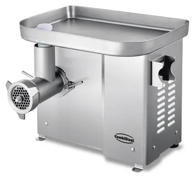 A stainless steel meat grinder is shown from a slightly angled front view on a white background.