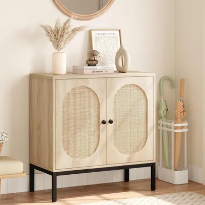Immagine prodotto di Mobile contenitore con 2 ante, ripiano regolabile, gambe in metallo, struttura in rattan/legno, dimensioni 80x40x83 cm