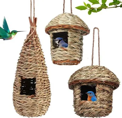 Produktbild von Famanu Vogelnester Set aus 3 handgewebten Nistkästen aus Gras - ideal für Kolibris