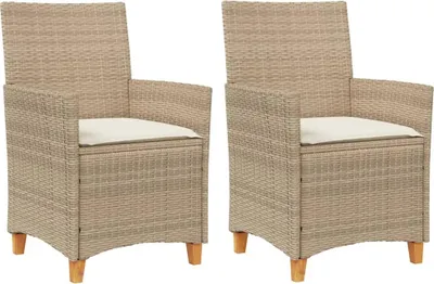 Produktbild von vidaXL Gartenstühle mit Kissen 2 Stk. Beige Poly Rattan Massivholz
