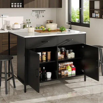 A kitchen island with storage and a marble-look countertop, set in a modern kitchen environment.