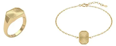 Produktbild von Suzan Gold® 375 Echtgold Schmuckset Damen Ring Armband Sonnenschliff Platte elegant wasserfest Geschenk Set Crucelle Sun Signet Bracelet hochwertig