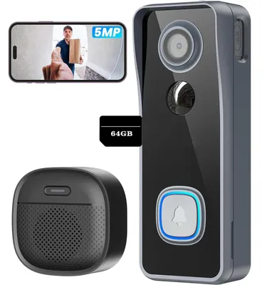 Produktbild von 5MP 2K Türklingel mit Kamera Kabellos Video Doorbell WLAN mit Gong 2,4GHz WLAN, Inklusive Indoor-Klingel, 64GB Speicher Karte