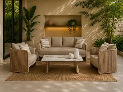 Image de Ensemble de mobilier de jardin comprenant un canapé, un fauteuil, une table basse, de couleur beige et gris, de style moderne, idéal pour une terrasse