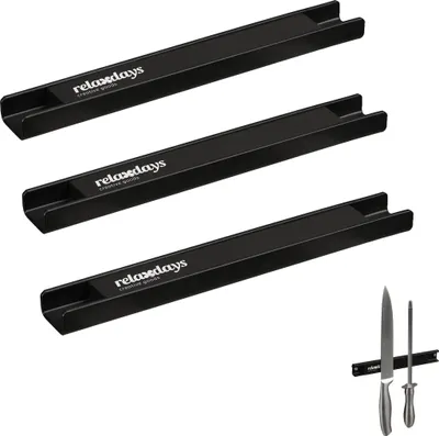 Immagine prodotto di Set di 3 barre magnetiche Relaxdays, lunghezza 20 cm ciascuna, acciaio, porta-utensili e coltelli, da fissare alla parete con viti, nero