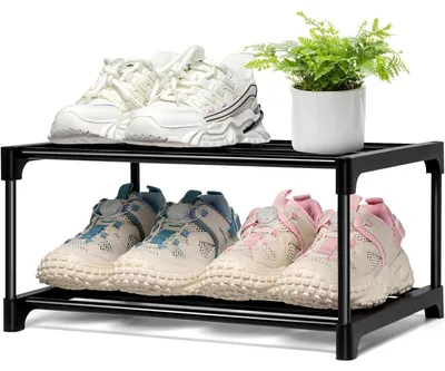 Image de Étagère à chaussures en métal, noire, 2 niveaux, empilable, gain de place, pour 4 paires de chaussures, dimensions : 43 x 30,5 x 21 cm