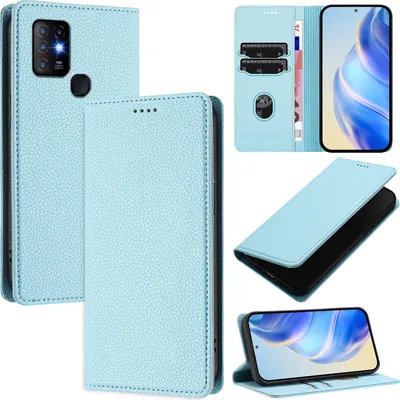Produktbild von Litchi Leder Handyhülle für Infinix Hot 10 Wallet Kartenfächer Standfunktion Hülle Hellblau