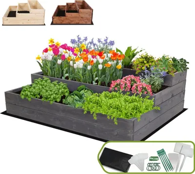 Produktbild von MODO24 Hochbeet Holz, Pflanzkasten, Massivholz, Kiefer, Kräuterbeet, Blumenkasten, Garten, Terrasse, 36x117x93 cm, Grau, ZP07