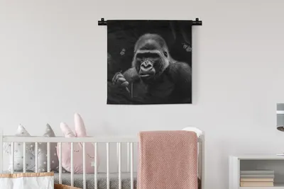 Produktbild von MuchoWow® Wandteppich Wandbehang Tiere - Affe - Gorilla - Schwarz - Weiß 60x60 cm Tapisserie Dekoration Wandtuch - Dekorationen - Wand Decke