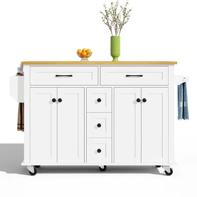 Produktbild von Multifunktionaler Küchenwagen mit ausklappbarer Arbeitsplatte, 120×65 cm erweiterbar, mit 5 Schubladen, Schränken, Gewürz- & Handtuchhalter