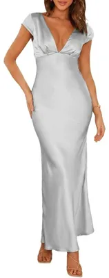 Produktbild von Halfisland, Sommerkleid aus Satin, Mit V-Ausschnitt und kurzen Ärmeln, Für Damen