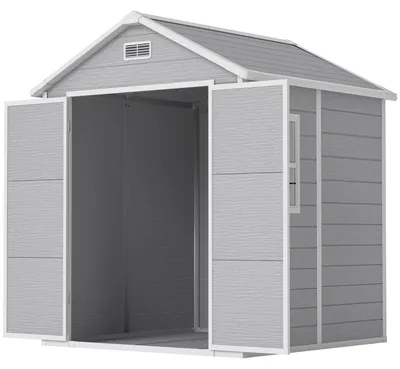 Produktbild von Gartenschuppen Geräteschuppen mit Boden, doppelte Scharniertüren mit Schloss, Lüftungsöffnungen, Fenster und Spitzdach, 12 mm Polypropylenharz mit Aluminiumverstärkung, Holzoptik, Grau, 182 x 151 x 219 cm