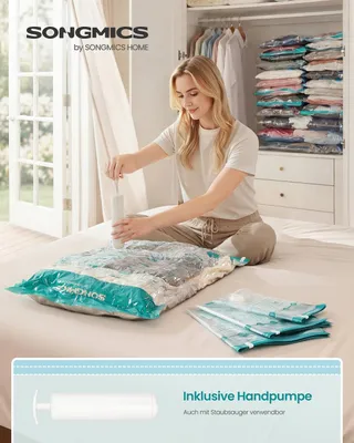 Immagine prodotto di Sacchetti sottovuoto per abbigliamento e biancheria da letto, con pompa manuale | Trasparenti | 70x50, 80x60, 100x76 cm