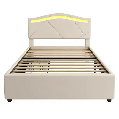 Produktbild von Flieks Polsterbett 90x200cm mit 2 Schubladen, Jugendbett Kinderbett mit LED, Stauraumbett Doppelbett mit Lattenrost, Holzbett Klassisches Bett, Leinen