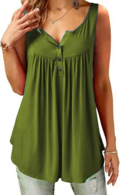 Produktbild von ASKSA Damen Tank Top Ärmellose V-Ausschnitt T-Shirt Knopfleiste Solide Tunika Bluse, Grün, XXL